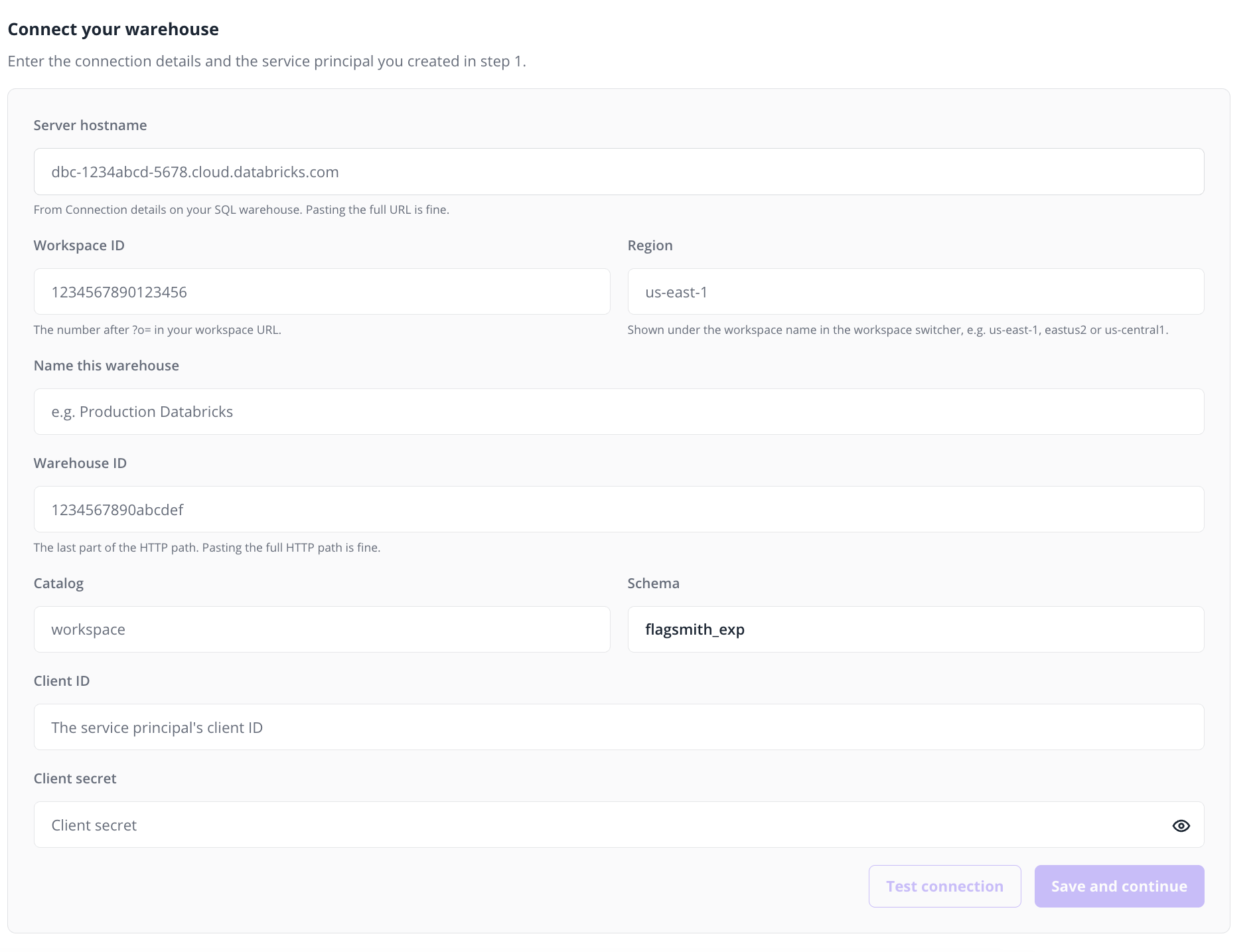 The Databricks connection form with server hostname, workspace ID, region, warehouse ID, catalog, schema and service principal fields